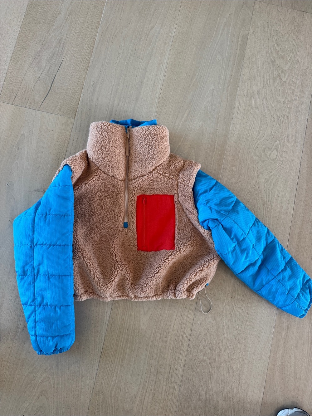 Free people Sherpa Jacket - Blue Sleeves, Tan Body, Red Pocket- never worn